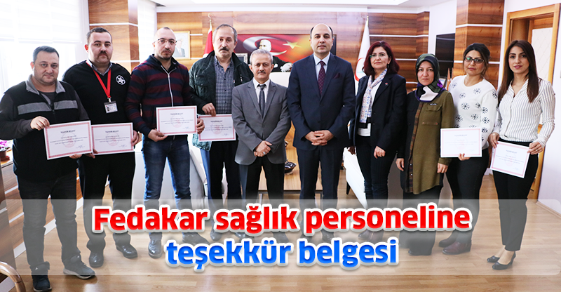 Fedakar sağlık personeline teşekkür belgesi